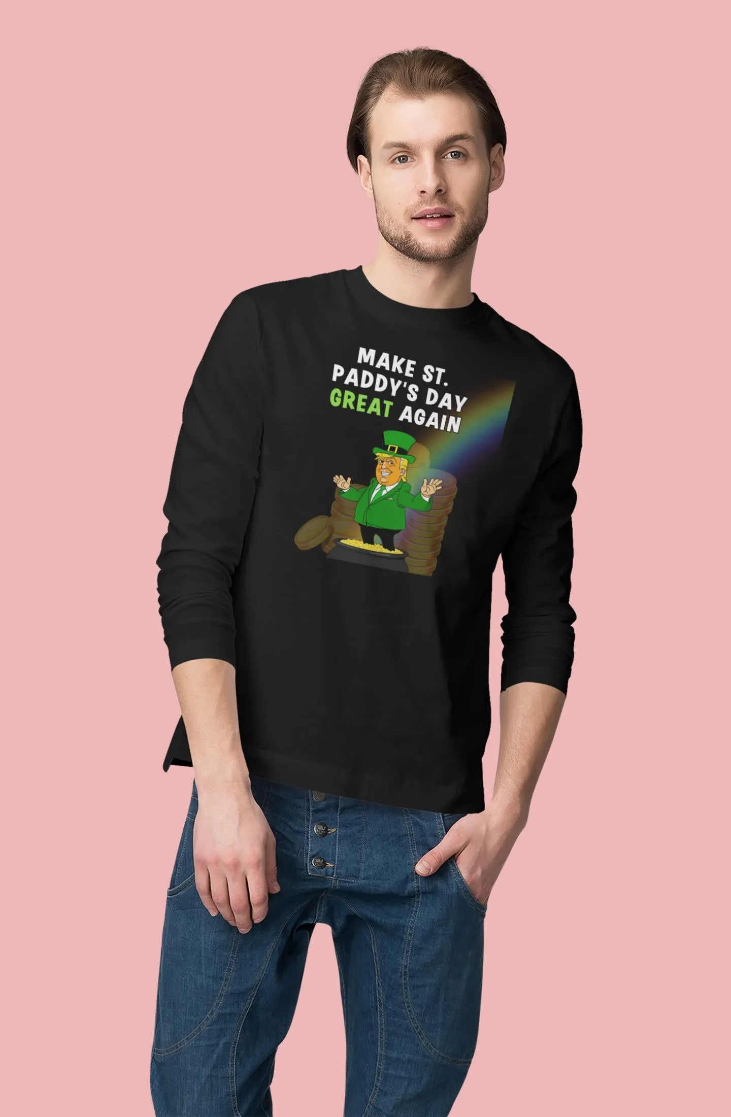 St. Patricks Day Festive and Political Trump Figure Themed Make St. Paddys Day Great Again End of the Rainbow Mens Long Sleeve T Shirt sold by Old Glory product image thumbnail 4
