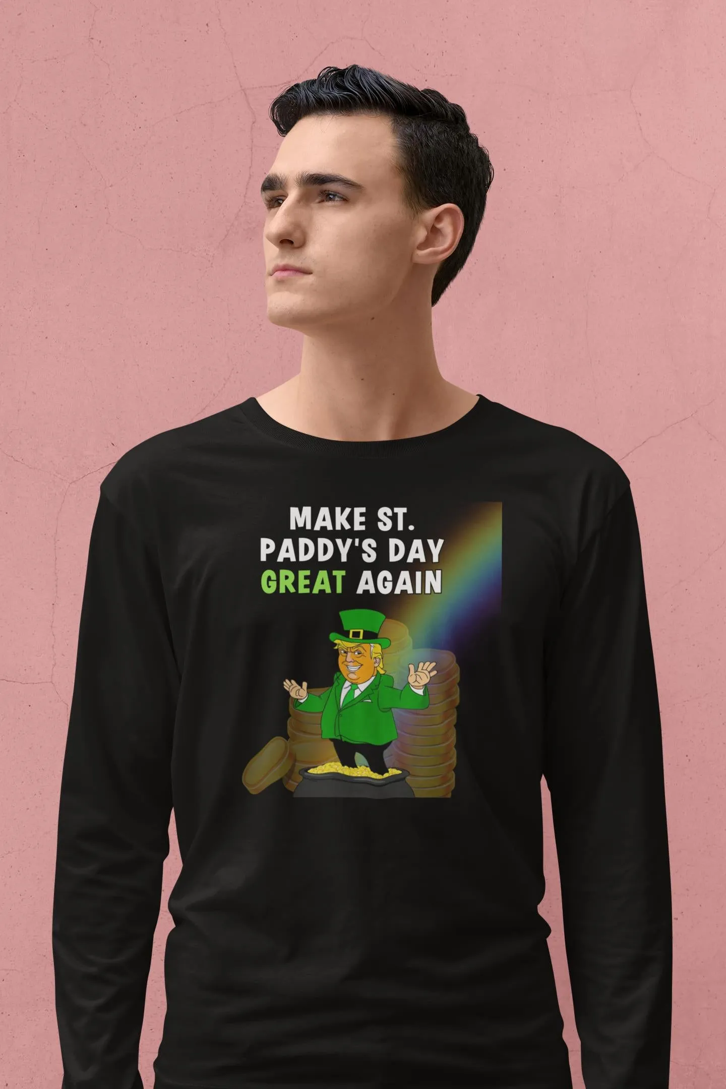St. Patricks Day Festive and Political Trump Figure Themed Make St. Paddys Day Great Again End of the Rainbow Mens Long Sleeve T Shirt sold by Old Glory product image thumbnail 5