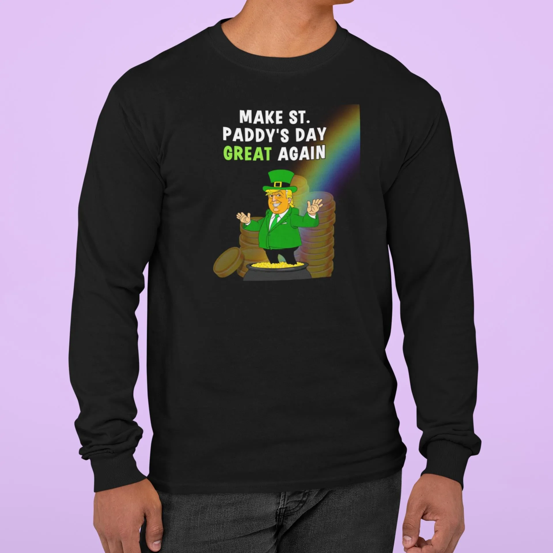St. Patricks Day Festive and Political Trump Figure Themed Make St. Paddys Day Great Again End of the Rainbow Mens Long Sleeve T Shirt sold by Old Glory product image thumbnail 3