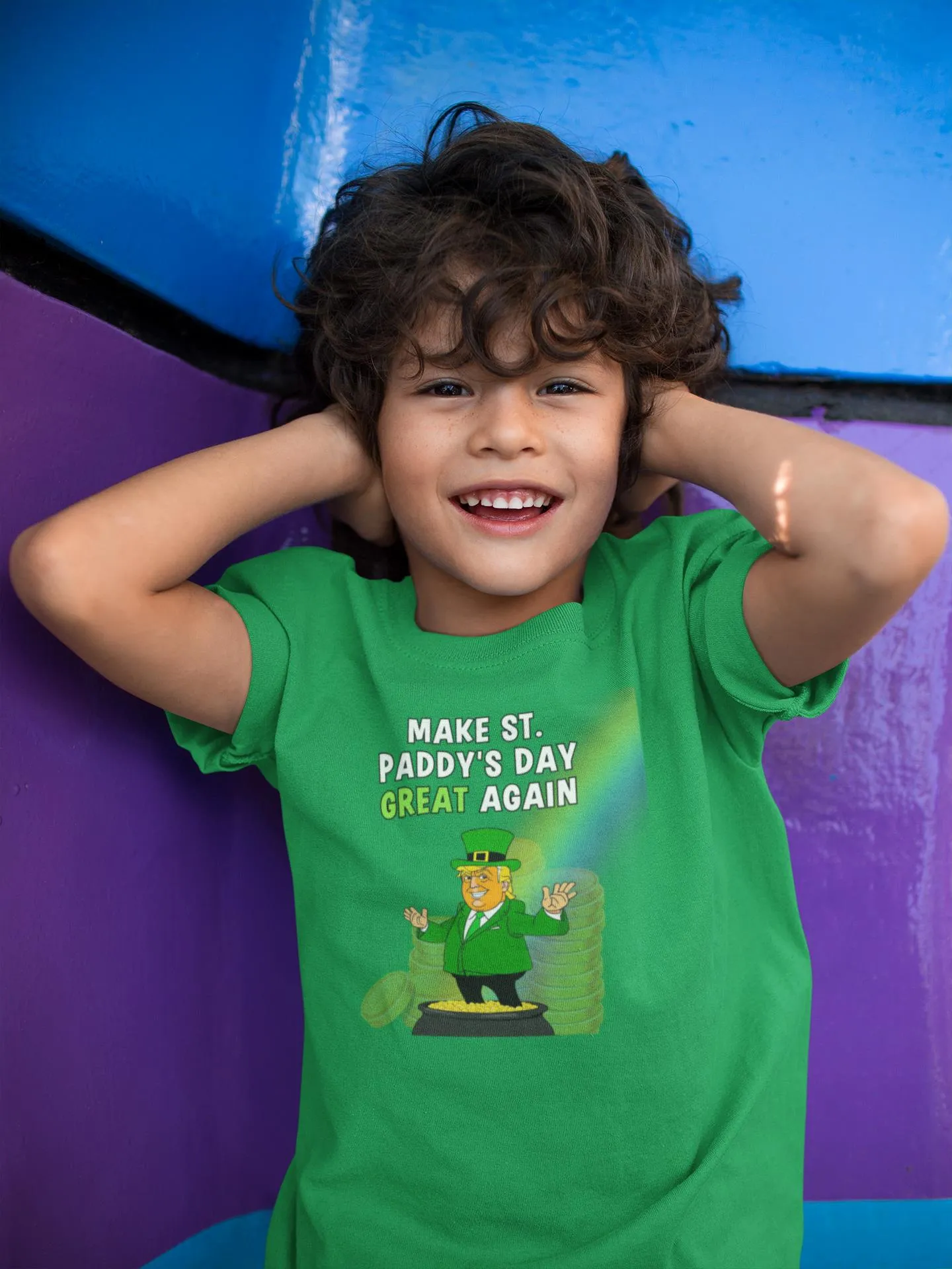 St. Patricks Day Festive and Political Trump Figure Themed Make St. Paddys Day Great Again End of the Rainbow Youth Short Sleeve T Shirt sold by Old Glory product image thumbnail 2