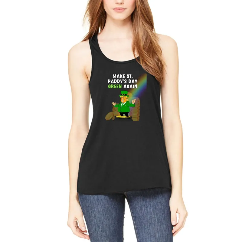 St. Patricks Day Festive and Political Trump Figure Themed Make St. Paddys Day Green Again End of the Rainbow Juniors Womens Racerback Tank Top sold by Old Glory