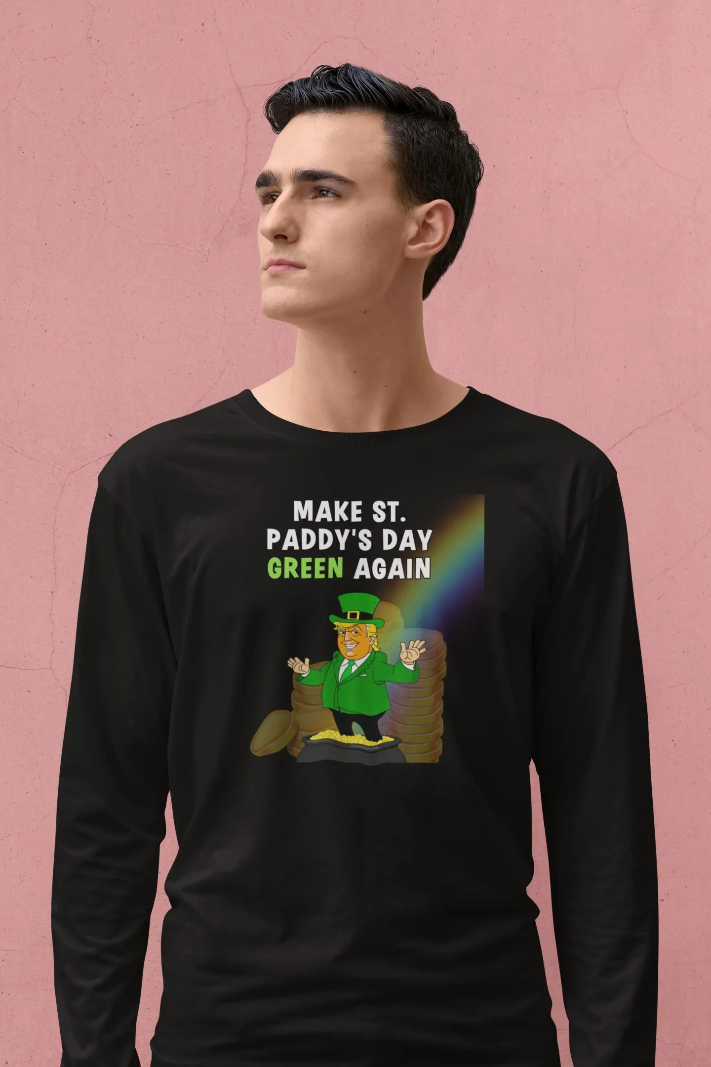St. Patricks Day Festive and Political Trump Figure Themed Make St. Paddys Day Green Again End of the Rainbow Mens Long Sleeve T Shirt sold by Old Glory product image thumbnail 3