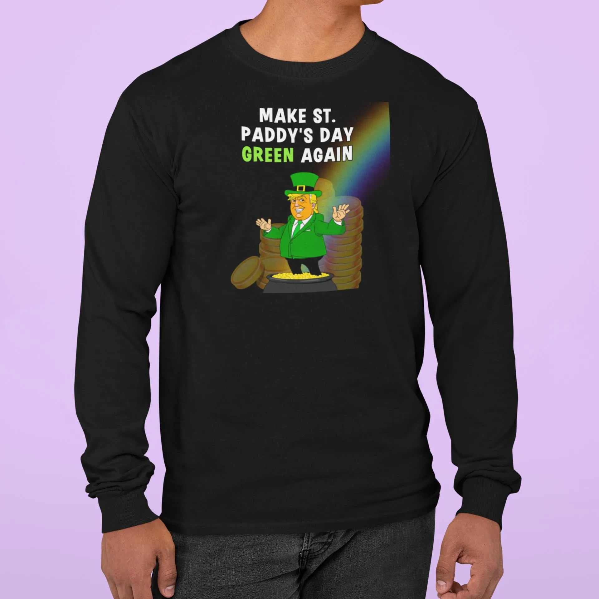 St. Patricks Day Festive and Political Trump Figure Themed Make St. Paddys Day Green Again End of the Rainbow Mens Long Sleeve T Shirt sold by Old Glory product image thumbnail 4