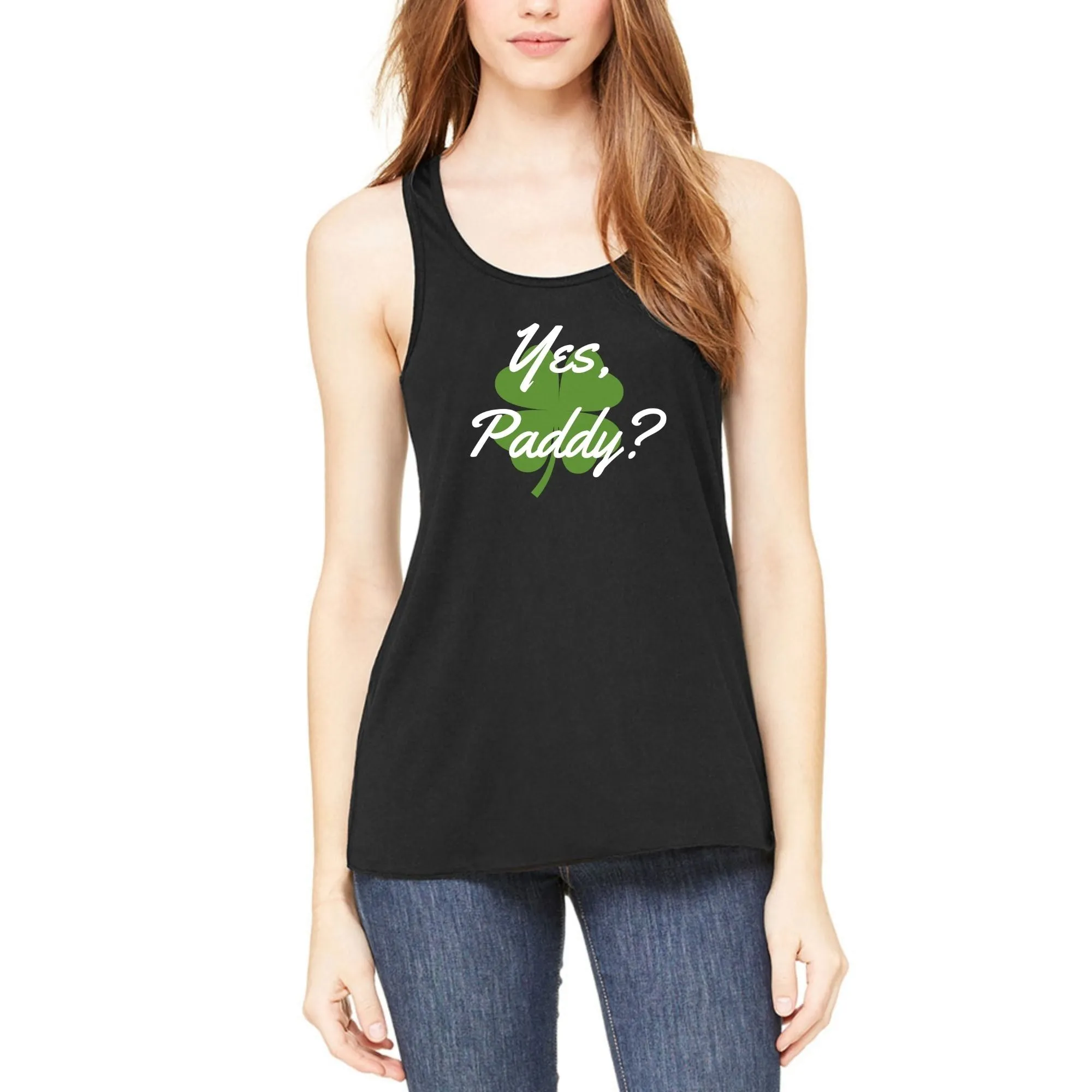 St. Patricks Day Yes Paddy? Clover Filled Juniors Womens Racerback Tank Top sold by Old Glory