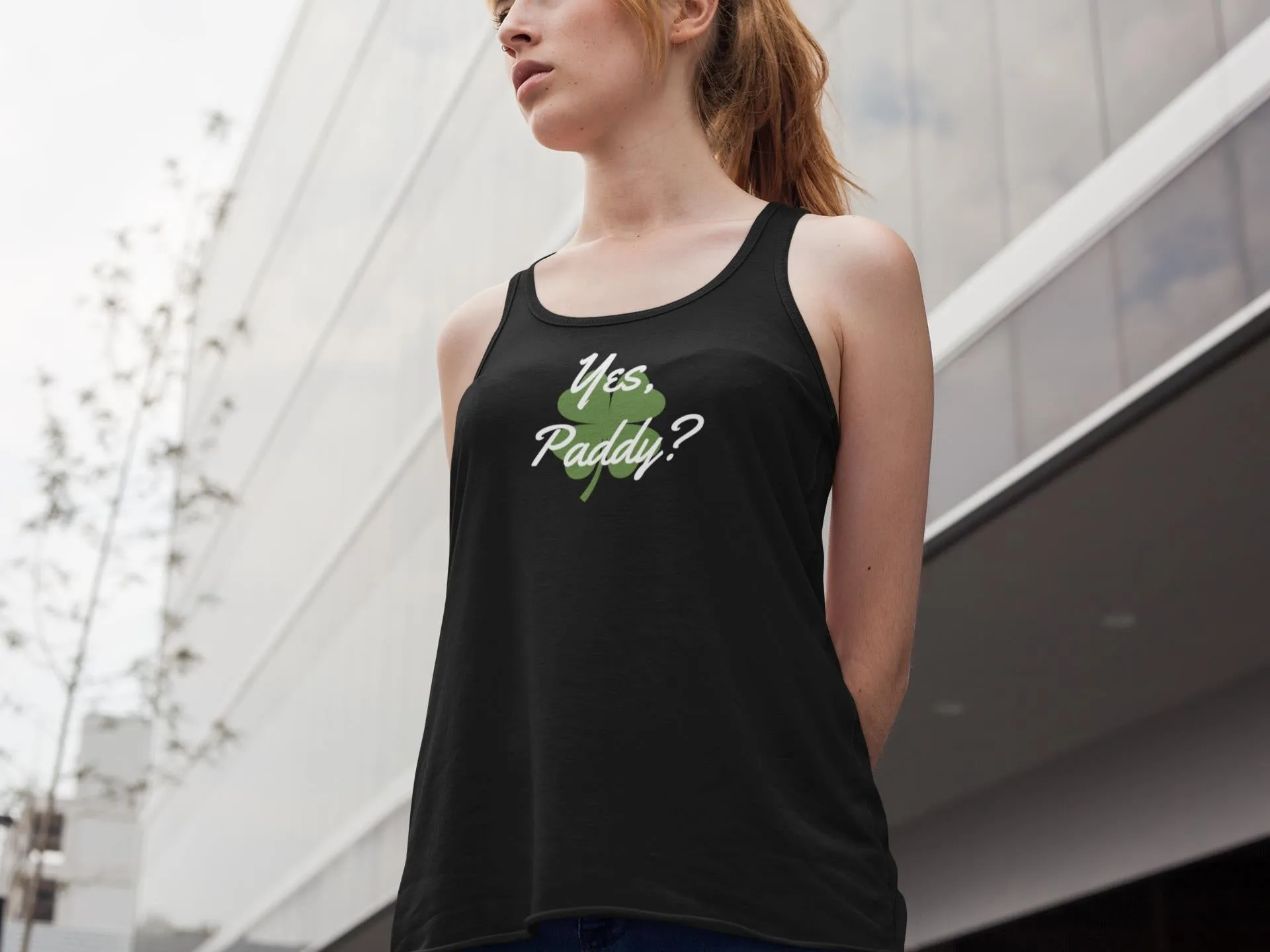 St. Patricks Day Yes Paddy? Clover Filled Juniors Womens Racerback Tank Top sold by Old Glory product image thumbnail 5
