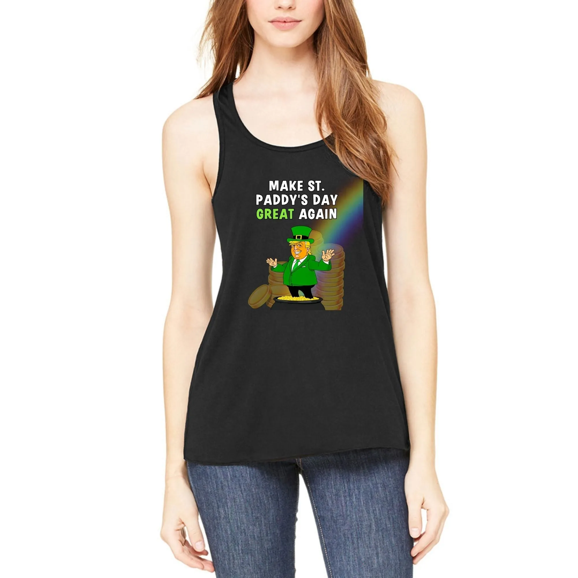 St. Patricks Day Festive and Political Trump Figure Themed Make St Paddys Day Great Again End of the Rainbow Juniors Womens Racerback Tank Top sold by Old Glory