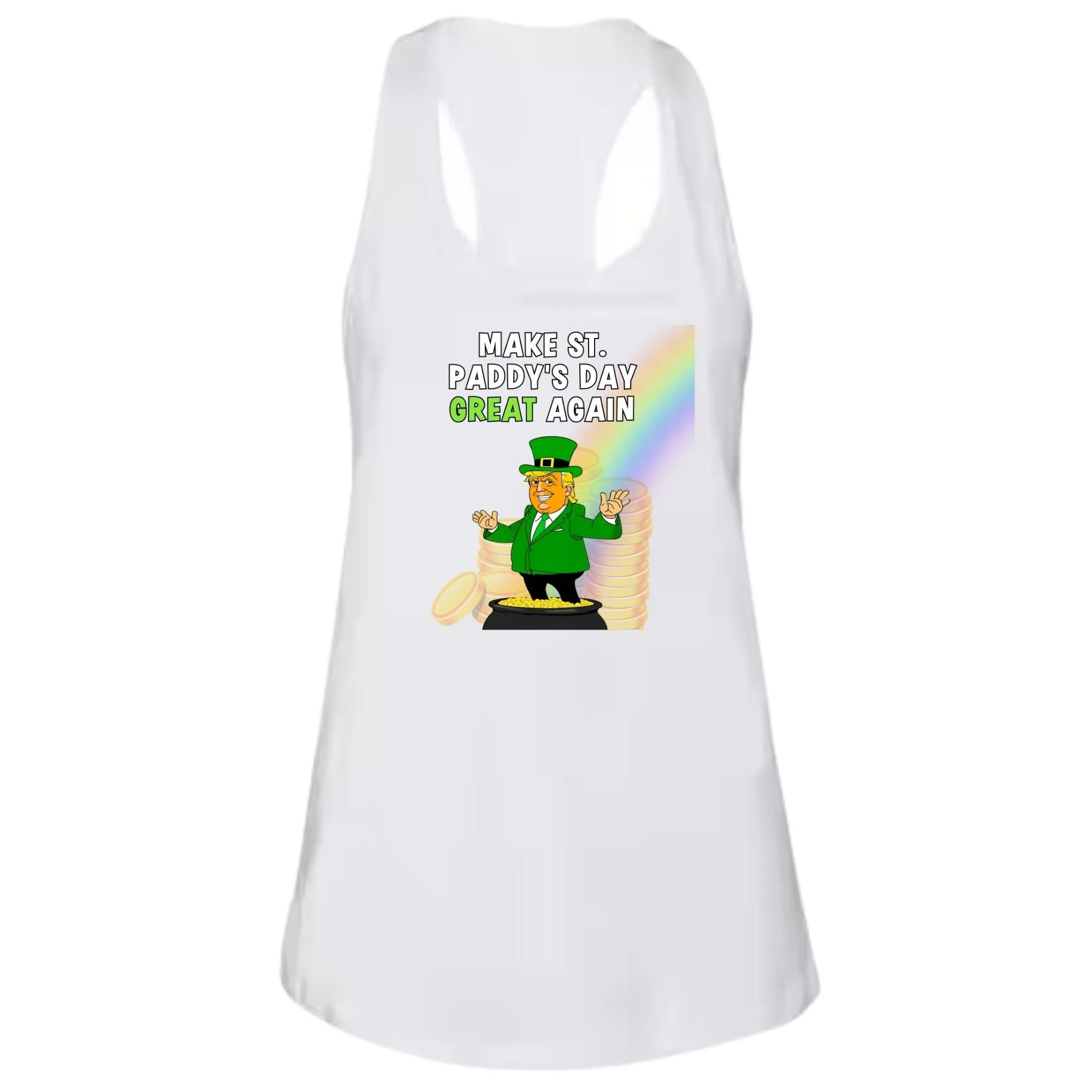 St. Patricks Day Festive and Political Trump Figure Themed Make St Paddys Day Great Again End of the Rainbow Juniors Womens Racerback Tank Top sold by Old Glory product image thumbnail 2