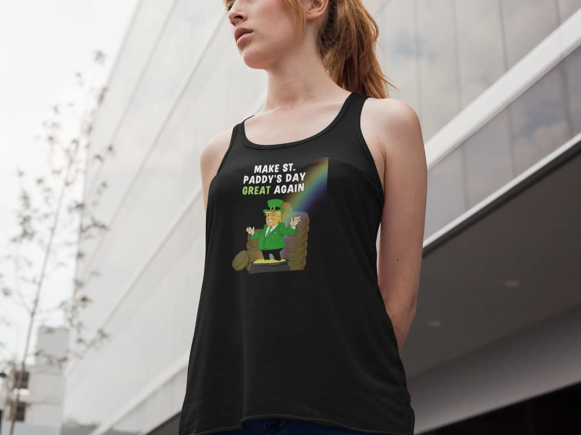 St. Patricks Day Festive and Political Trump Figure Themed Make St Paddys Day Great Again End of the Rainbow Juniors Womens Racerback Tank Top sold by Old Glory product image thumbnail 3