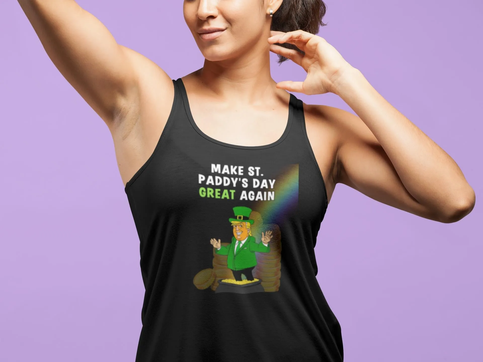 St. Patricks Day Festive and Political Trump Figure Themed Make St Paddys Day Great Again End of the Rainbow Juniors Womens Racerback Tank Top sold by Old Glory product image thumbnail 5