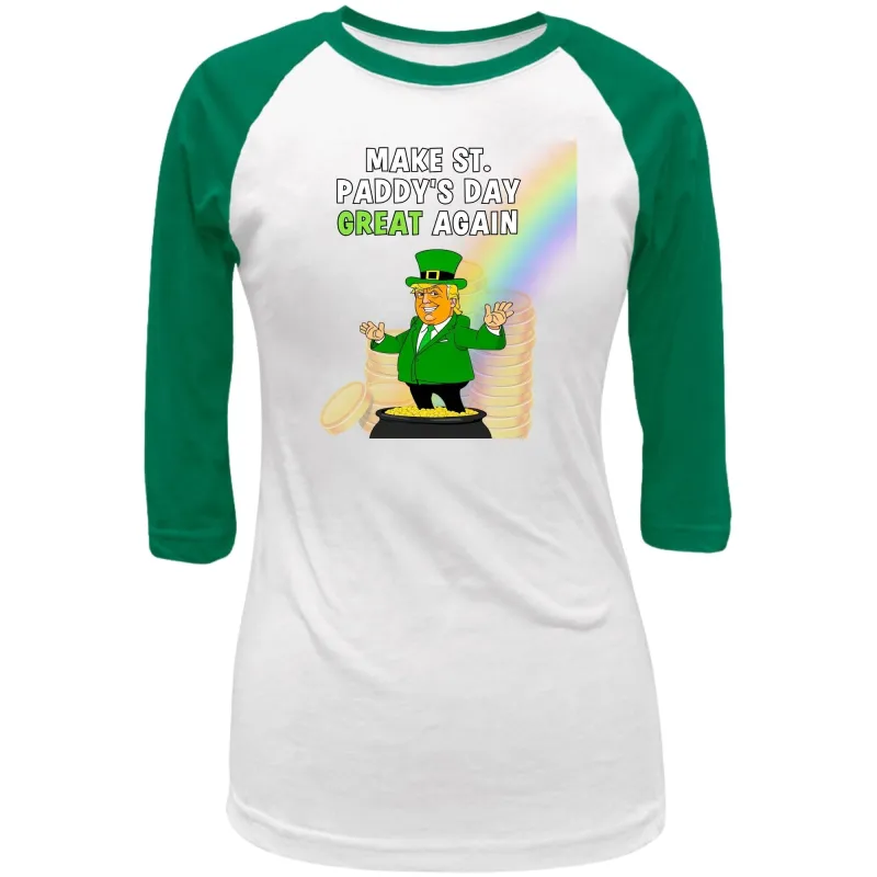 St. Patricks Day Festive and Political Trump Figure Themed Make St. Paddys Day Great Again End of the Rainbow Juniors Womens 3/4 Raglan T Shirt sold by Old Glory