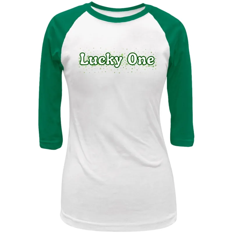 St. Patricks Day Clover Filled Lucky One Juniors Womens 3/4 Raglan T Shirt sold by Old Glory