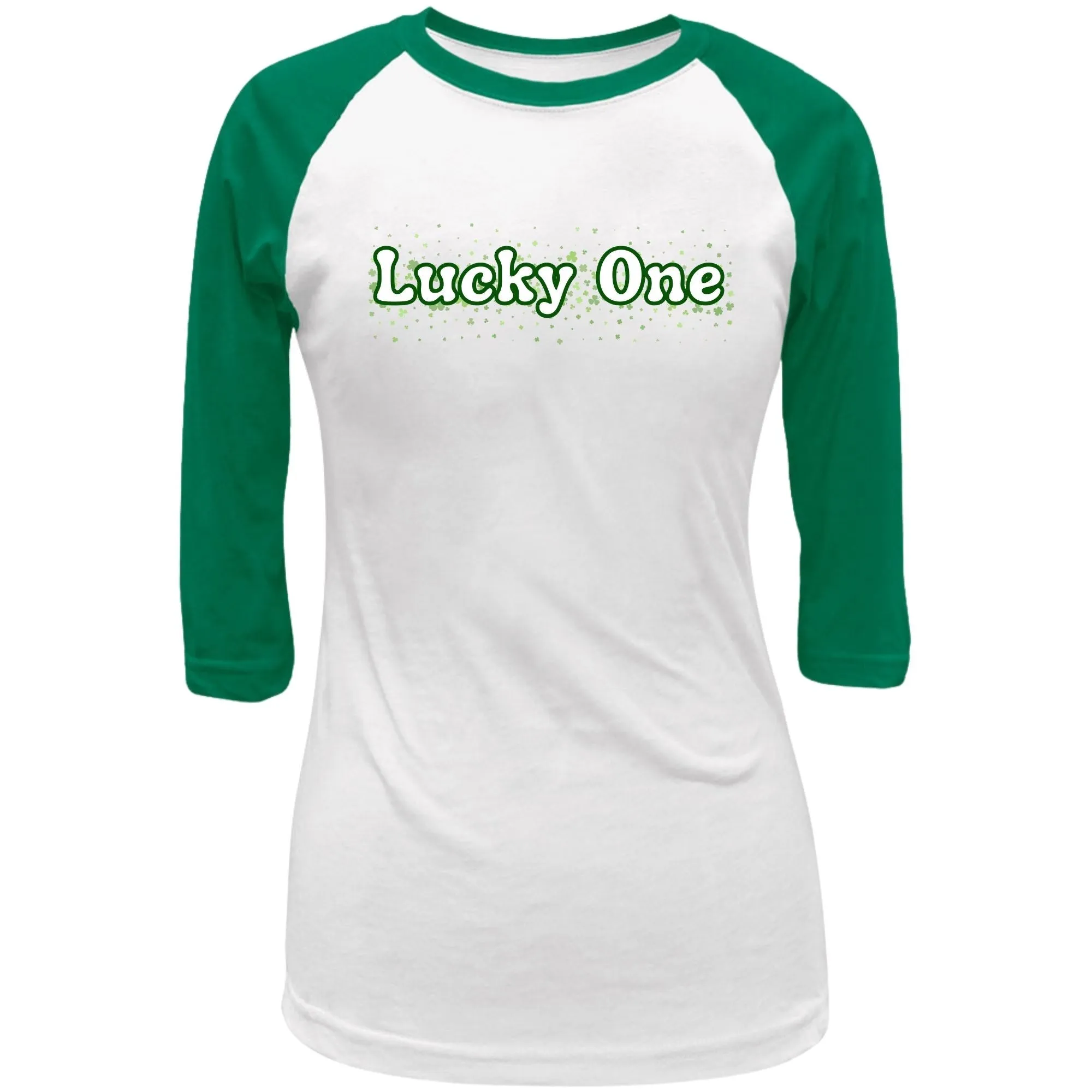 St. Patricks Day Clover Filled Lucky One Juniors Womens 3/4 Raglan T Shirt sold by Old Glory