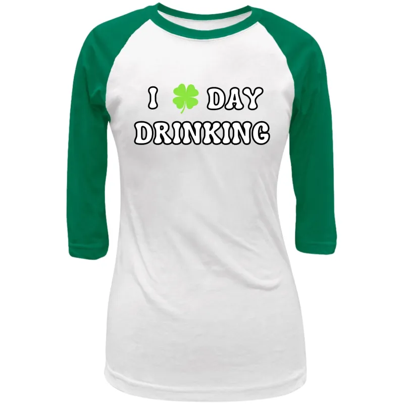 St. Patricks Day Festive I Love Day Drinking Shamrock Juniors Womens 3/4 Raglan T Shirt sold by Old Glory