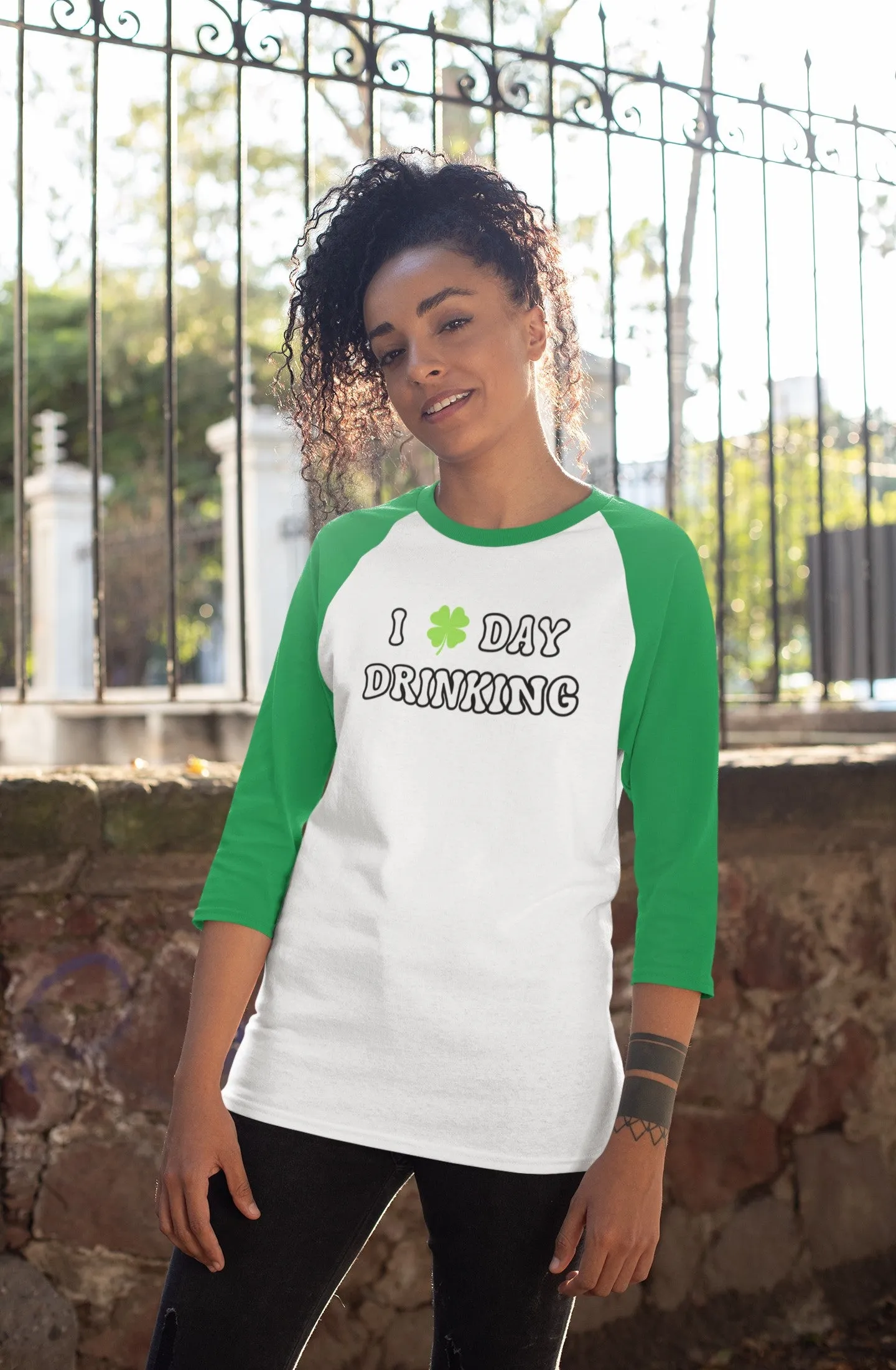 St. Patricks Day Festive I Love Day Drinking Shamrock Juniors Womens 3/4 Raglan T Shirt sold by Old Glory product image thumbnail 2