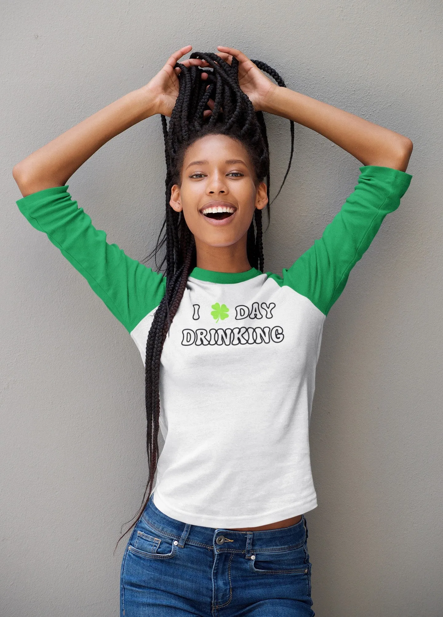 St. Patricks Day Festive I Love Day Drinking Shamrock Juniors Womens 3/4 Raglan T Shirt sold by Old Glory product image thumbnail 3