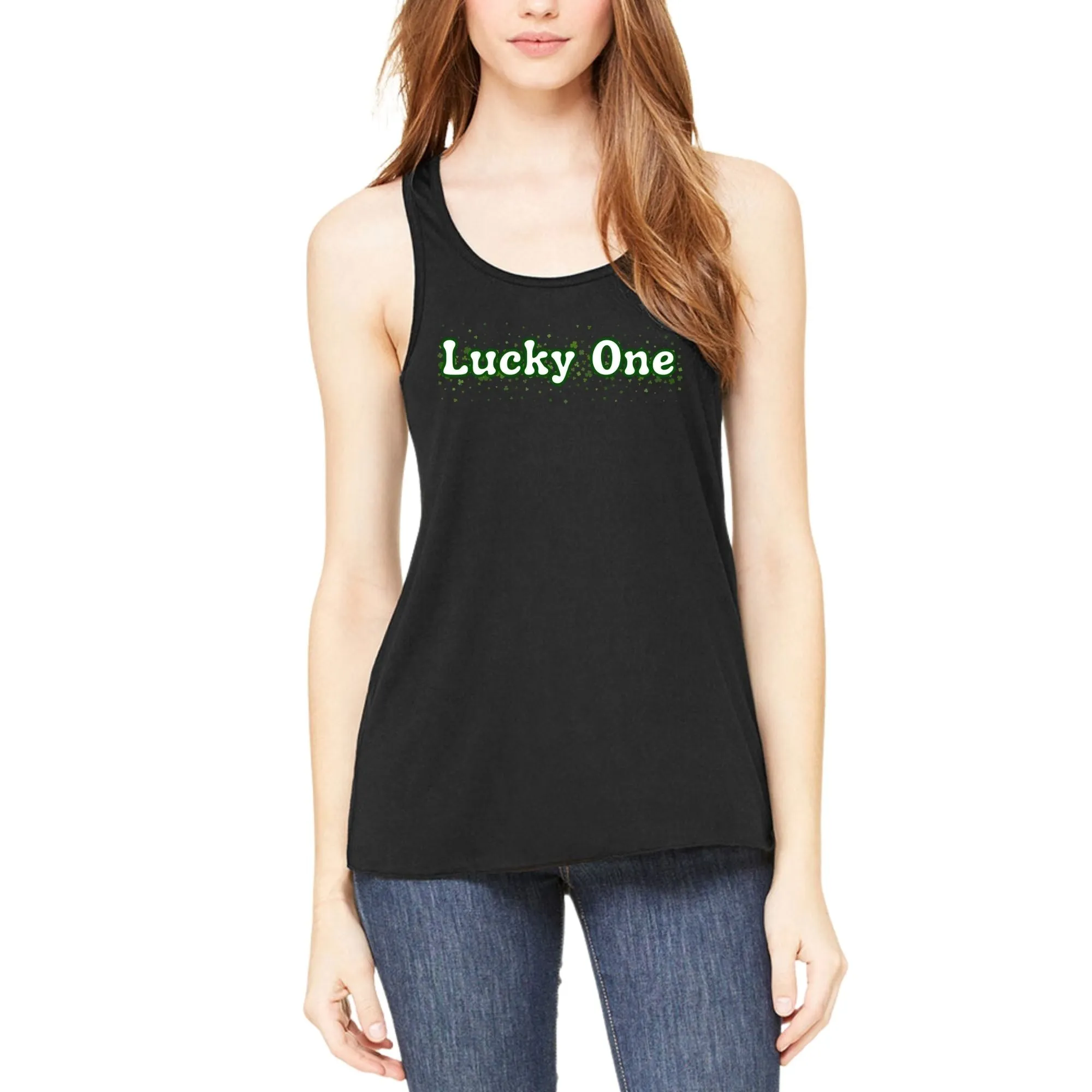 St. Patricks Day Clover Filled Lucky One Juniors Womens Racerback Tank Top sold by Old Glory
