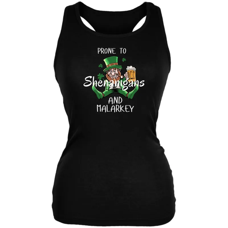 St Patricks Day Prone to Shenanigans and Malarkey Juniors Soft Tank Top sold by Old Glory