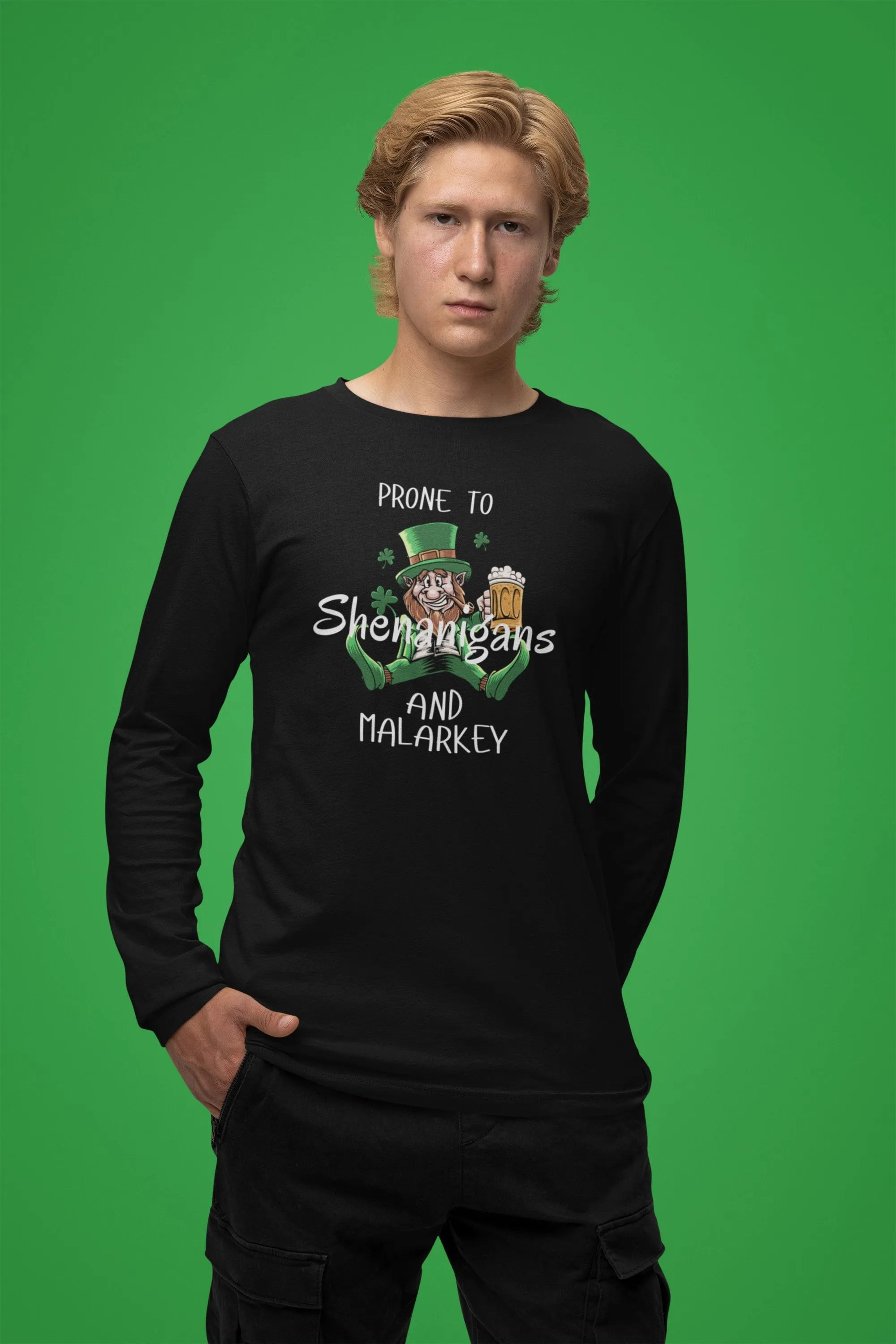 St Patricks Day Prone to Shenanigans and Malarkey Mens Long Sleeve T Shirt sold by Old Glory product image thumbnail 3