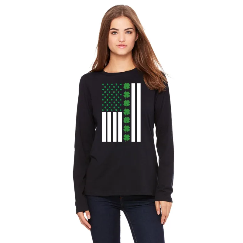St Patricks Day Shamrock Irish Themed US Flag Womens Long Sleeve T Shirt sold by Old Glory