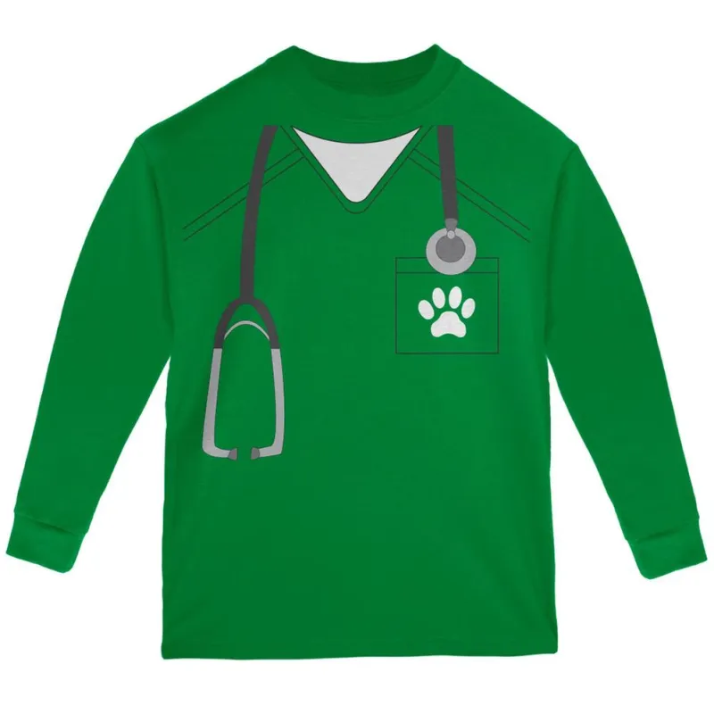 Halloween Vet Veterinarian Scrubs Costume Green Youth Long Sleeve T-Shirt sold by Old Glory