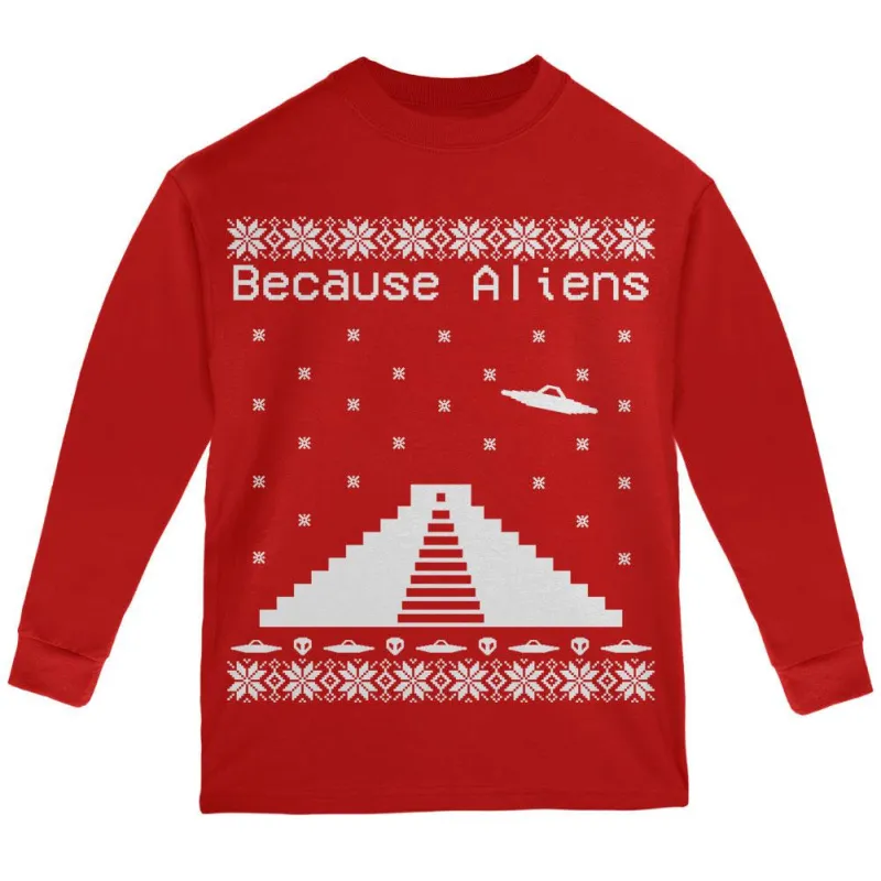 Because Aliens Pyramid Ugly XMAS Sweater Red Youth Long Sleeve T-Shirt sold by Old Glory