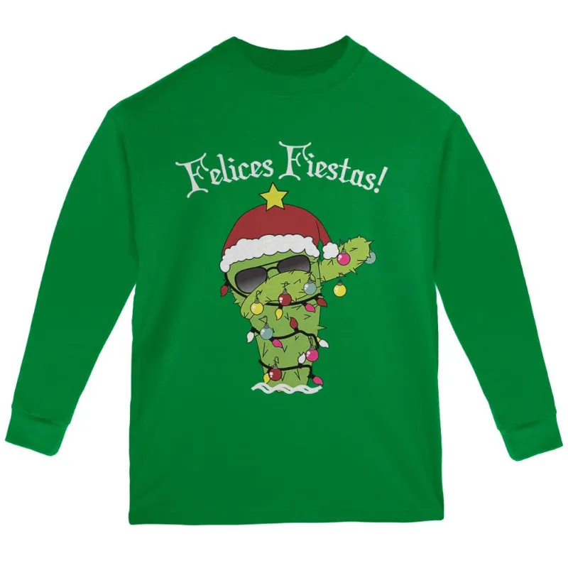 Christmas Dabbing Cactus Felices Fiestas Happy Holidays Youth Long Sleeve T Shirt sold by Old Glory