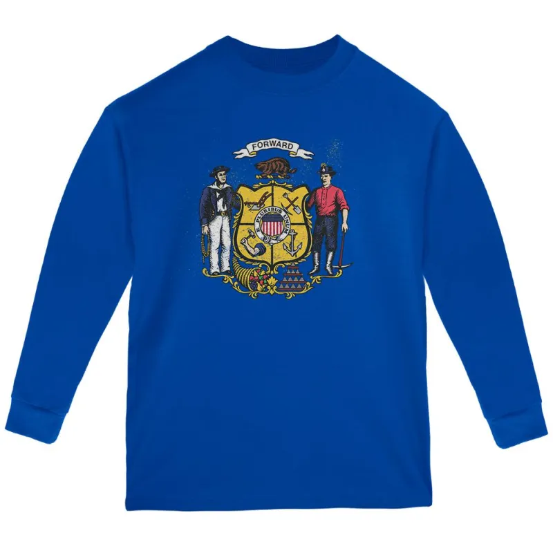 Born and Raised Wisconsin State Flag Youth Long Sleeve T Shirt sold by Old Glory