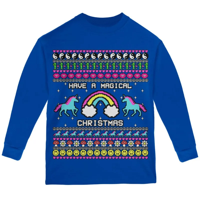 Retro 90s Rainbow Unicorn Magical Ugly Christmas Sweater Youth Long Sleeve T Shirt sold by Old Glory