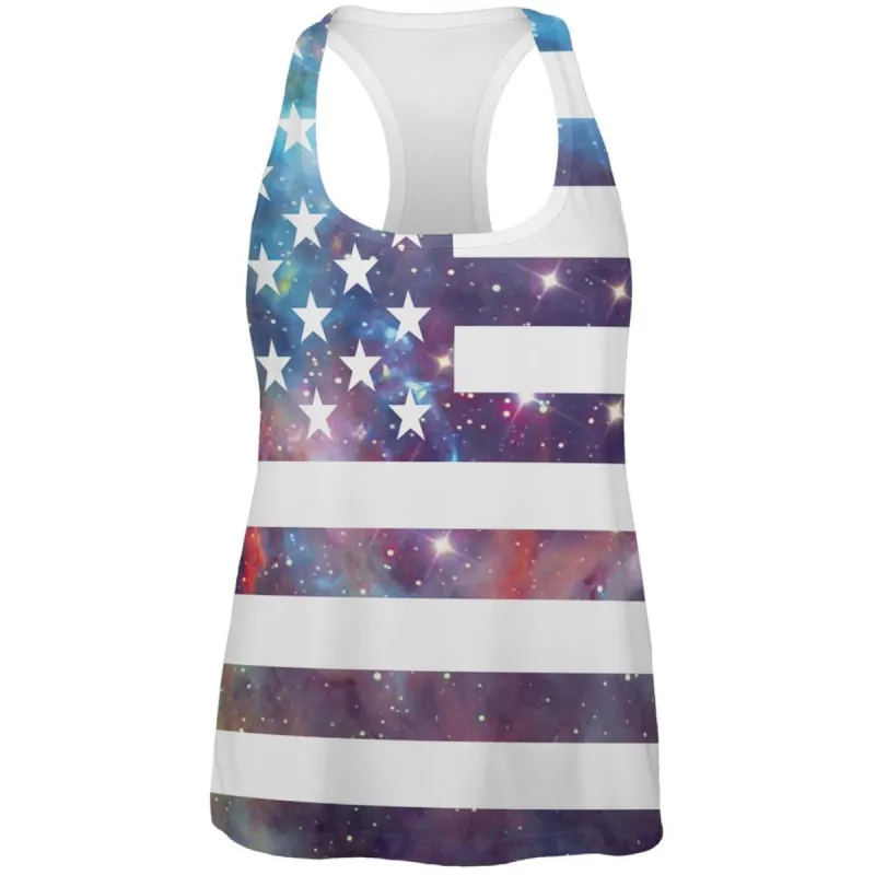 Galaxy American Flag All Over Womens Racerback Tank Top sold by Old Glory