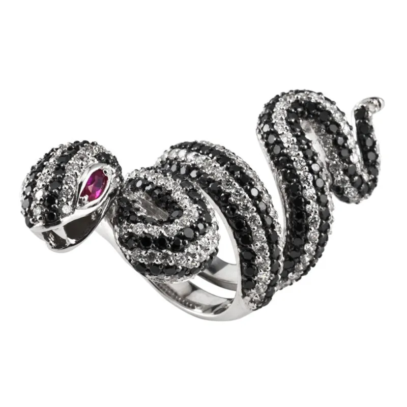 Black And White Zirconia Studded Coiled Snake Sterling Silver Adjustable Ring sold by Old Glory