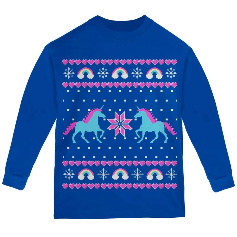 Unicorn Rainbow Ugly Christmas Sweater Youth Long Sleeve T Shirt sold by Old Glory