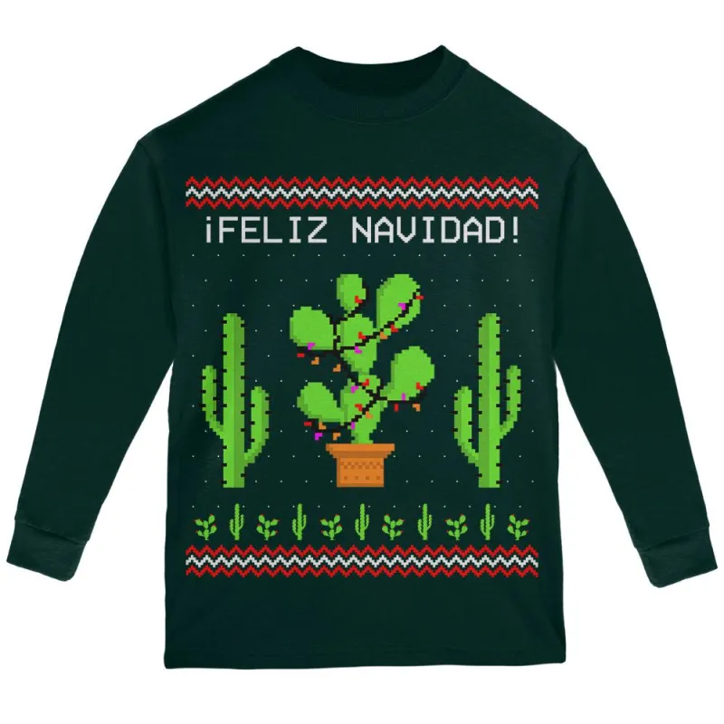 Cactus Desert Feliz Navidad Ugly Christmas Sweater Youth Long Sleeve T Shirt sold by Old Glory