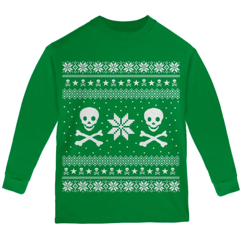Skull & Crossbones Ugly Christmas Sweater Youth Long Sleeve T Shirt sold by Old Glory