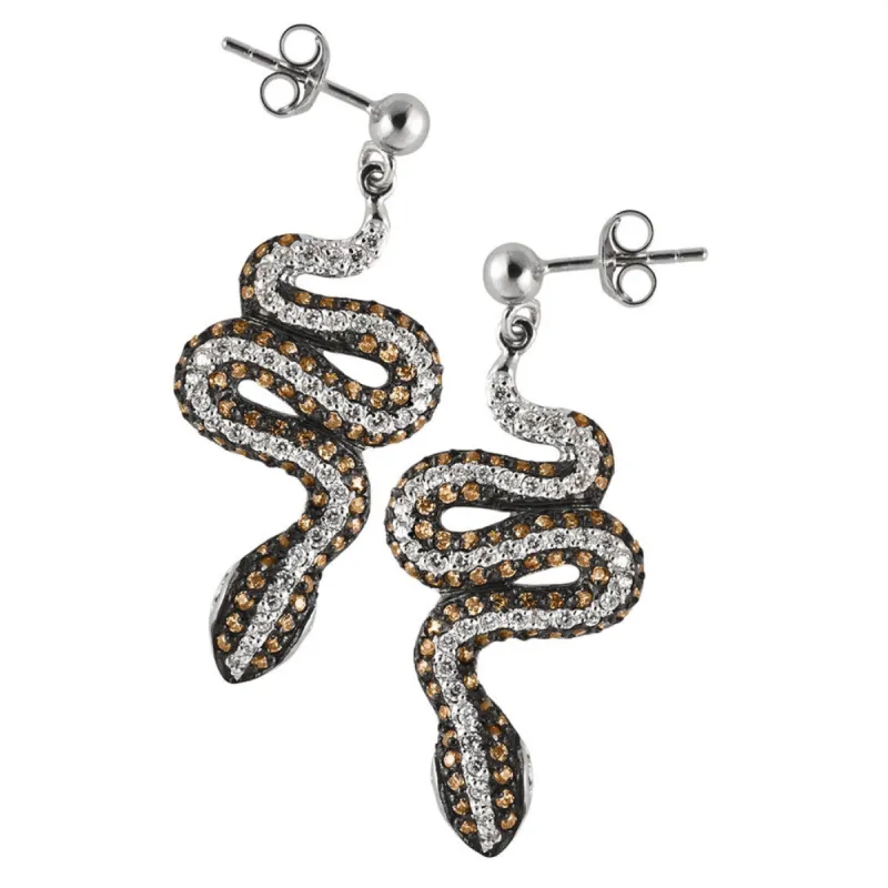 Brown Zirconia Studded Snakes Sterling Silver Dangle Earrings sold by Old Glory