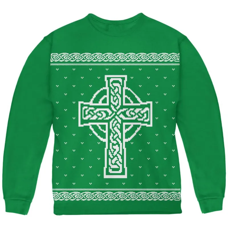 Celtic Cross Irish Ugly Christmas Sweater Youth Sweatshirt sold by Old Glory