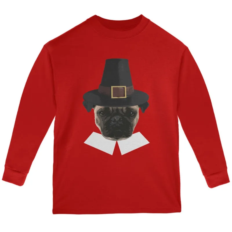 Thanksgiving Funny Pug Pilgrim Red Youth Long Sleeve T-Shirt sold by Old Glory