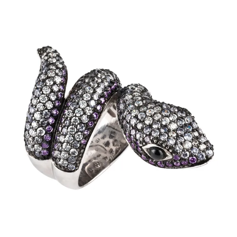 Dark Zirconia Studded Coiled Snake Sterling Silver Ring sold by Old Glory