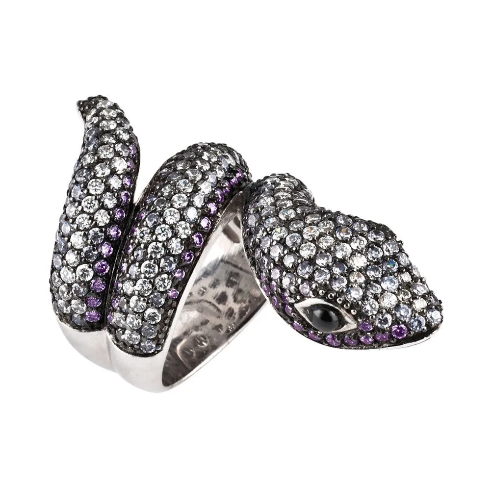 Dark Zirconia Studded Coiled Snake Sterling Silver Ring sold by Old Glory