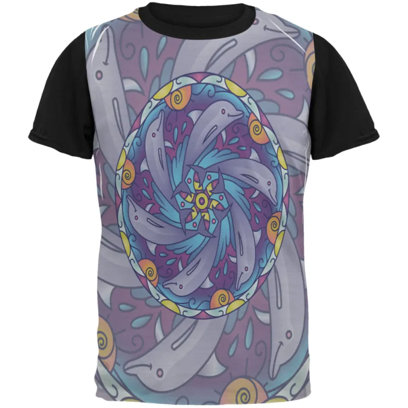 Mandala Trippy Stained Glass Dolphins All Over Mens Black Back T Shirt sold by Old Glory
