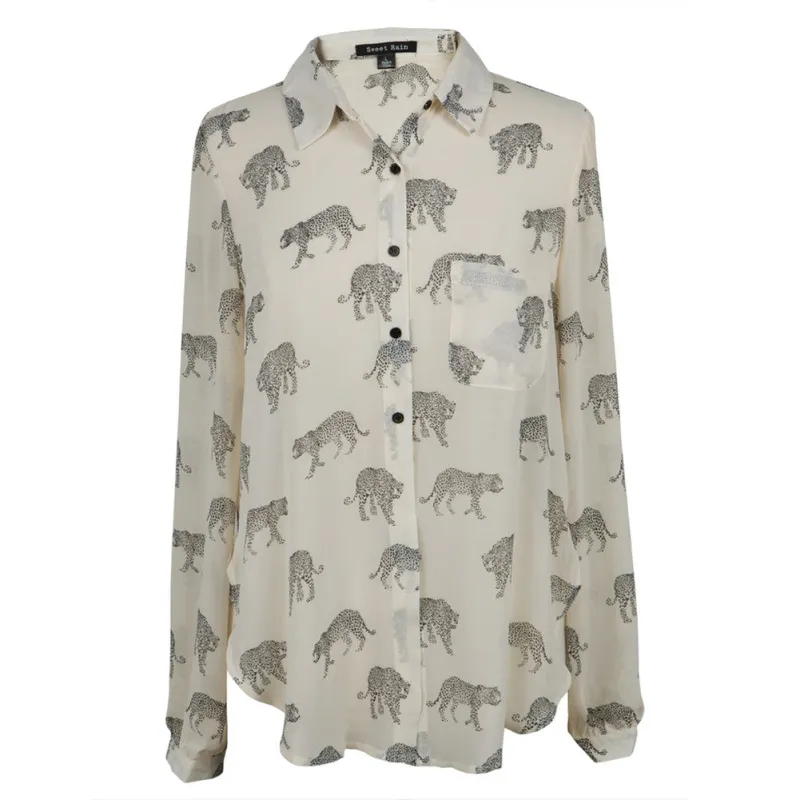 Leopard All-Over Tie Bottom Women's Long Sleeve Blouse made by Old Glory