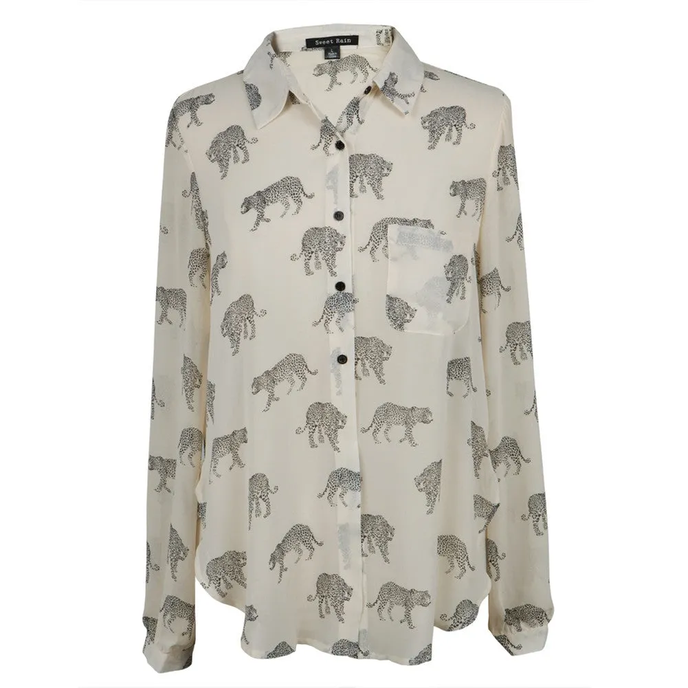 Leopard All-Over Tie Bottom Women's Long Sleeve Blouse sold by Old Glory