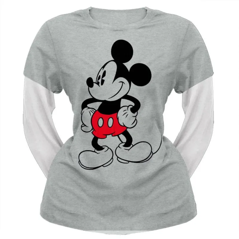 Mickey Mouse - Standing Juniors 2Fer Long Sleeve T-Shirt made by Old Glory