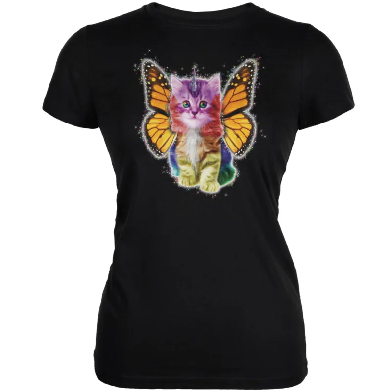 Rainbow Butterfly Unicorn Kitten Black Juniors Soft T-Shirt sold by Old Glory