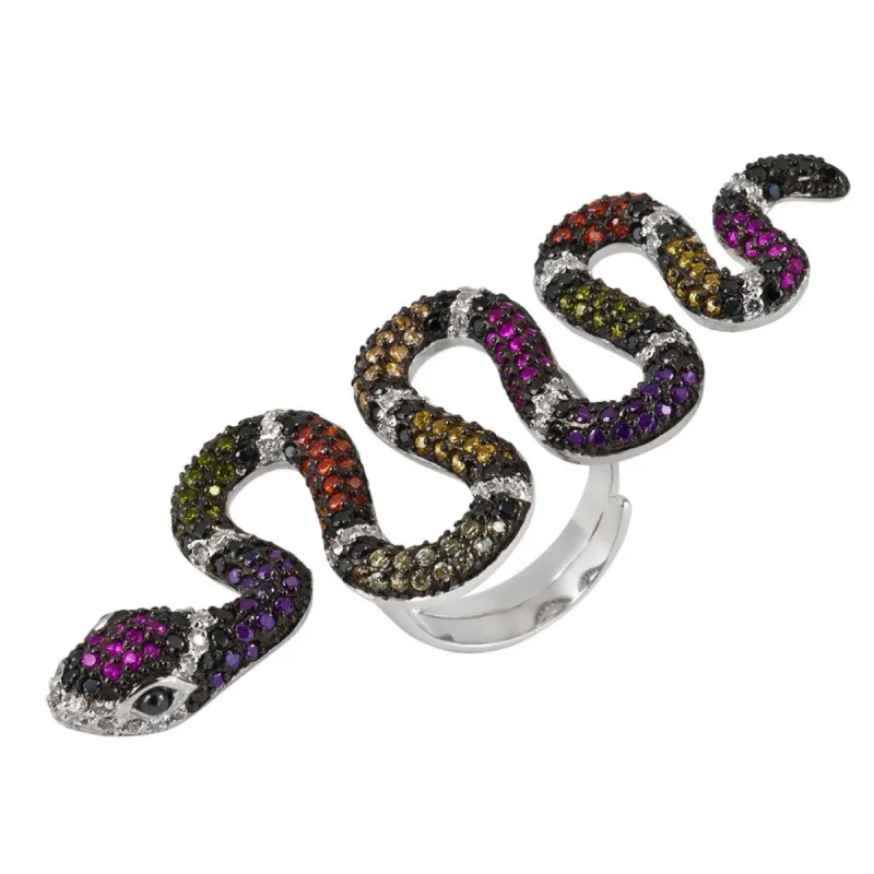 Zirconia Studded Rainbow Snake Sterling Silver Adjustable Ring sold by Old Glory
