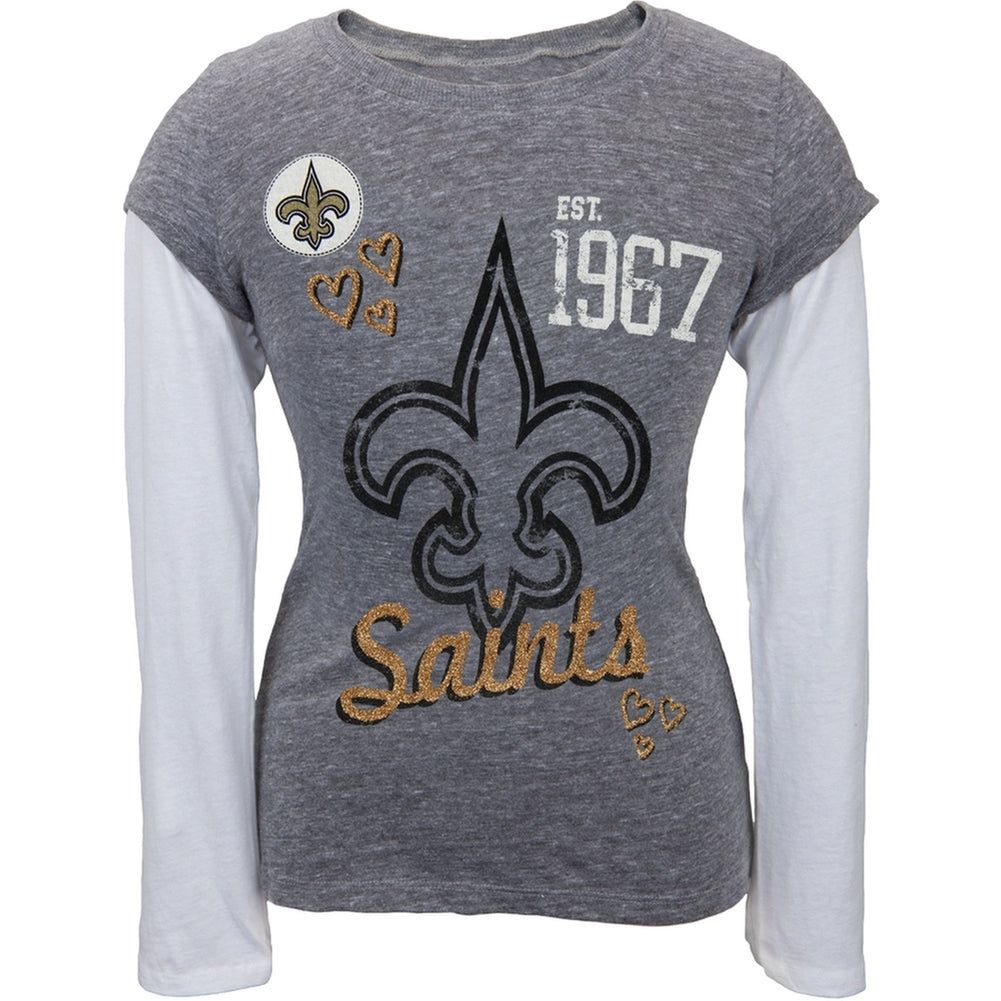 New Orleans Saints - Glitter Hearts Girls Youth 2fer Long Sleeve T-Shirt sold by Old Glory