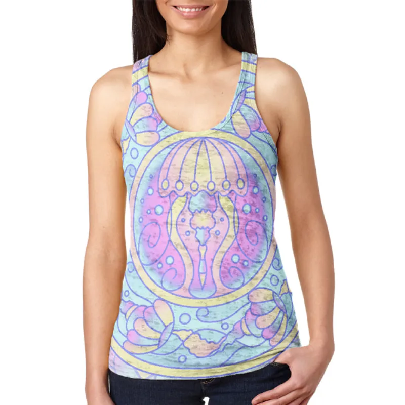 Trippy Jellyfish Mandala Vintage Juniors Burnout Racerback Tank Top sold by Old Glory
