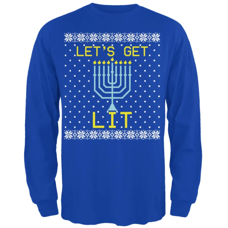 Menorah Get Lit Ugly Hanukkah Sweater Royal Mens Long Sleeve T Shirt sold by Old Glory