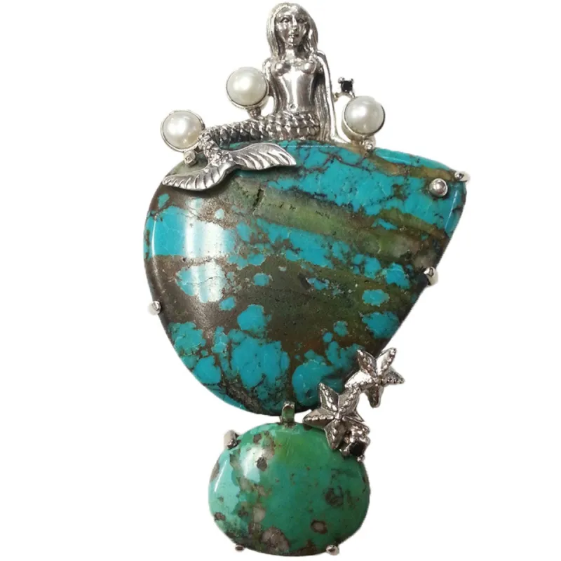 Mermaid With Turquoise And Pearl Sterling Silver Pin sold by Old Glory