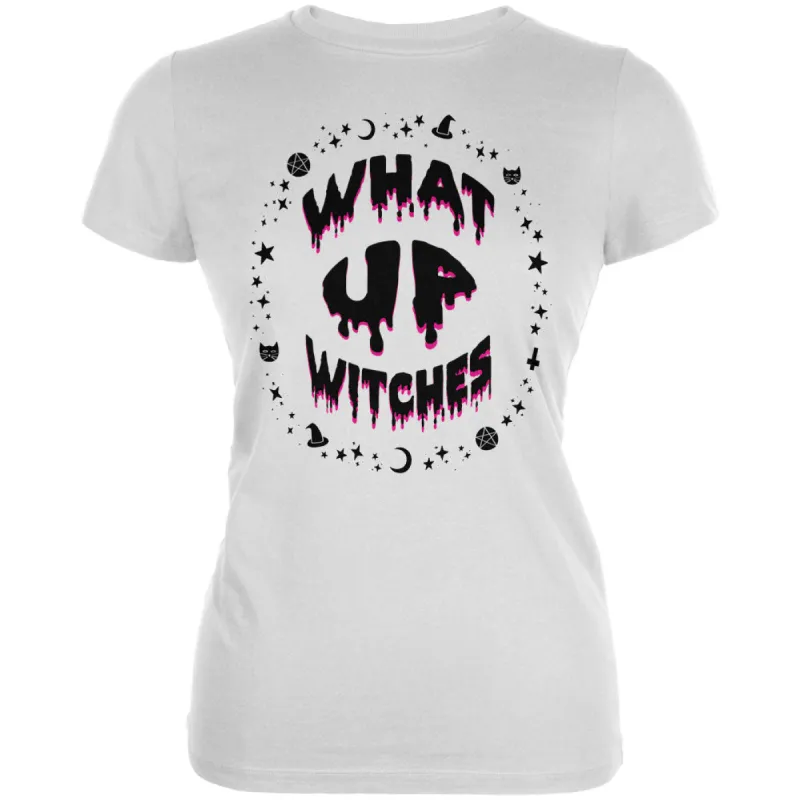 Halloween What Up Witches Witchy Elements Black Text Juniors Soft T Shirt sold by Old Glory
