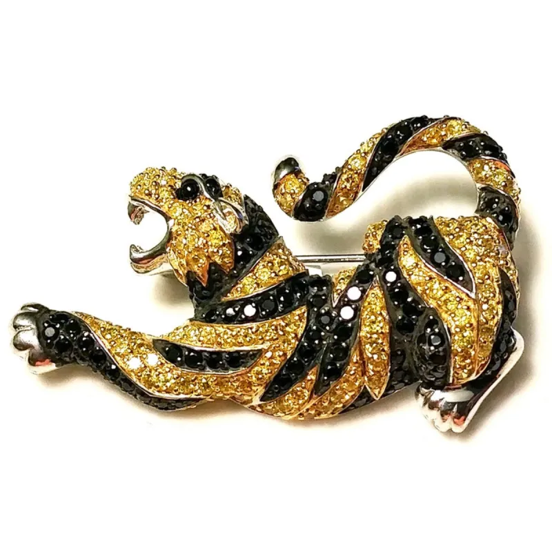Zirconia Studded Arched Tiger Sterling Silver Pin/Pendant sold by Old Glory